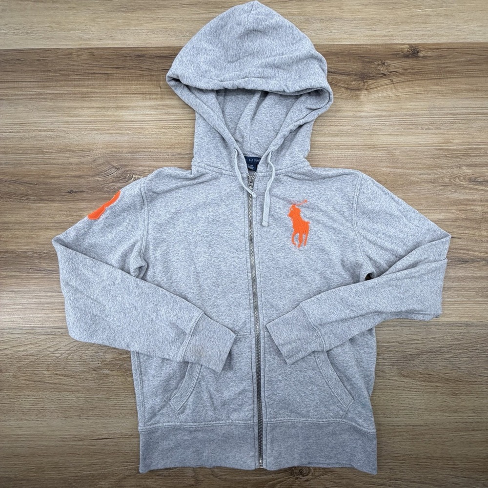 Womens M Polo Ralph Lauren Gray Big Pony Fleece Hoodie Sweatshirt Jacket Zip